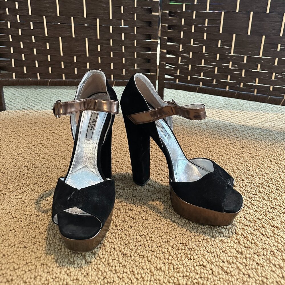 Black and Gold Suede Prada Platform Heels